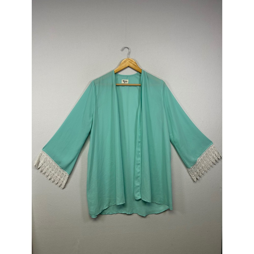 Boho Show Me Your Mumu Womens Med Mint Green Crochet Lace Trim Kimono Cardigan
